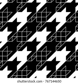 Seamless surface pattern design with houndstooth ornament. Squares, triangles, sign wallpaper. Fabric background. Mosaic motif. Digital paper, textile print, page fill, web designing. Vector art.