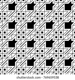 Seamless surface pattern design with houndstooth ornament. Squares, triangles, sign wallpaper. Fabric background. Mosaic motif. Digital paper, textile print, page fill, web designing. Vector art.