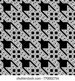 Seamless surface pattern design with houndstooth ornament. Squares, triangles, sign wallpaper. Fabric background. Mosaic motif. Digital paper, textile print, page fill, web designing. Vector art.