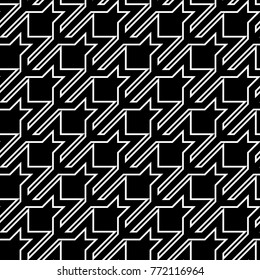Seamless surface pattern design with houndstooth material ornament. Tooth figures wallpaper. Fabric background. Cloth mosaic motif. Digital paper, textile print, page fill, web designing. Vector art.