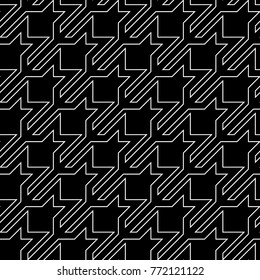 Seamless surface pattern design with houndstooth material ornament. Tooth figures wallpaper. Fabric background. Cloth mosaic motif. Digital paper, textile print, page fill, web designing. Vector art.