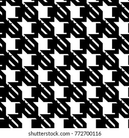 Seamless surface pattern design with houndstooth material ornament. Tooth figures wallpaper. Fabric background. Cloth mosaic motif. Digital paper, textile print, page fill, web designing. Vector art.