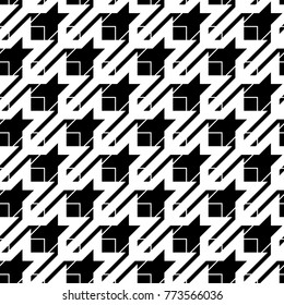 Seamless surface pattern design with houndstooth material ornament. Tooth figures wallpaper. Fabric background. Cloth mosaic motif. Digital paper, textile print, page fill, web designing. Vector art.