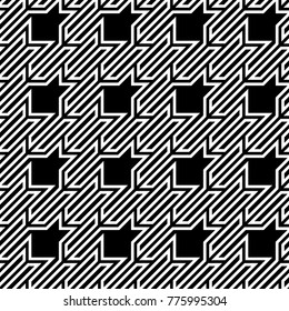Seamless surface pattern design with houndstooth material ornament. Tooth figures wallpaper. Fabric background. Cloth mosaic motif. Digital paper, textile print, page fill, web designing. Vector art.