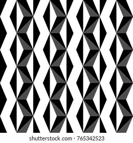 Seamless surface pattern design with modern ornament. Triangles background. Image with repeated triangular shapes. Geometric image. Ethnic japanese embroidery motif. Zigzag lines and arrows. Vector.