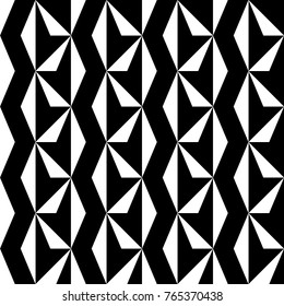 Seamless surface pattern design with modern ornament. Triangles background. Image with repeated triangular shapes. Geometric image. Ethnic japanese embroidery motif. Zigzag lines and arrows. Vector.