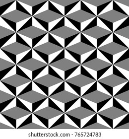 Seamless surface pattern design with modern ornament. Triangles background. Image with repeated triangular shapes. Geometric image. Ethnic japanese embroidery motif. Zigzag lines and arrows. Vector.