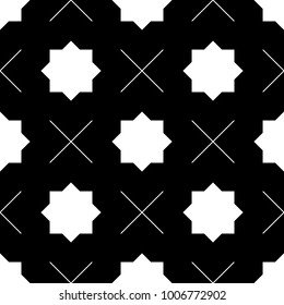 Seamless surface pattern design with Moroccan stars and crosses tiles ornament. Oriental traditional ornamentation with repeated geometric shapes. Ancient mosaic wallpaper. Grid motif. Digital paper.