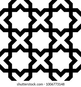 Seamless surface pattern design with Moroccan stars and crosses tiles ornament. Oriental traditional ornamentation with repeated geometric shapes. Ancient mosaic wallpaper. Grid motif. Digital paper.