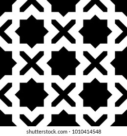 Seamless surface pattern design with Moroccan stars and crosses tiles ornament. Oriental traditional ornamentation with repeated geometric shapes. Ancient mosaic wallpaper. Grid motif. Digital paper.