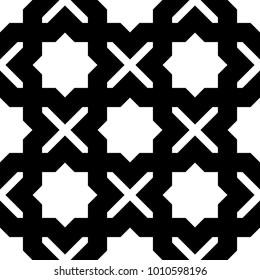 Seamless surface pattern design with Moroccan stars and crosses tiles ornament. Oriental traditional ornamentation with repeated geometric shapes. Ancient mosaic wallpaper. Grid motif. Digital paper.