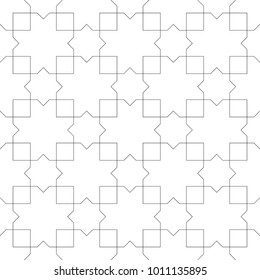 Seamless surface pattern design with Moroccan stars and crosses tiles ornament. Oriental traditional ornamentation with repeated geometric shapes. Ancient mosaic wallpaper. Grid motif. Digital paper.