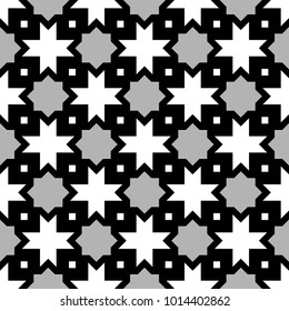 Seamless surface pattern design with Moroccan stars and crosses tiles ornament. Oriental traditional ornamentation with repeated geometric shapes. Ancient mosaic wallpaper. Grid motif. Digital paper.