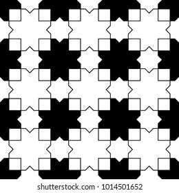 Seamless surface pattern design with Moroccan stars and crosses tiles ornament. Oriental traditional ornamentation with repeated geometric shapes. Ancient mosaic wallpaper. Grid motif. Digital paper.