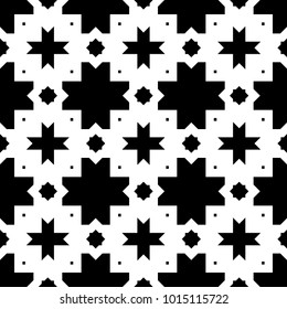 Seamless surface pattern design with Moroccan stars and crosses tiles ornament. Oriental traditional ornamentation with repeated geometric shapes. Ancient mosaic wallpaper. Grid motif. Digital paper.