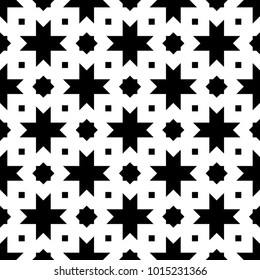 Seamless surface pattern design with Moroccan stars and crosses tiles ornament. Oriental traditional ornamentation with repeated geometric shapes. Ancient mosaic wallpaper. Grid motif. Digital paper.