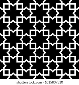 Seamless surface pattern design with Moroccan stars and crosses tiles ornament. Oriental traditional ornamentation with repeated geometric shapes. Ancient mosaic wallpaper. Grid motif. Digital paper.