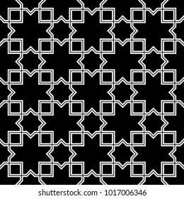 Seamless surface pattern design with Moroccan stars and crosses tiles ornament. Oriental traditional ornamentation with repeated geometric shapes. Ancient mosaic wallpaper. Grid motif. Digital paper.