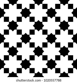 Seamless surface pattern design with Moroccan stars and crosses tiles ornament. Oriental traditional ornamentation with repeated geometric shapes. Ancient mosaic wallpaper. Grid motif. Digital paper.