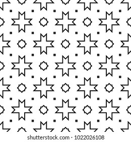 Seamless surface pattern design with Moroccan stars and crosses tiles ornament. Oriental traditional ornamentation with repeated geometric shapes. Ancient mosaic wallpaper. Grid motif. Digital paper.