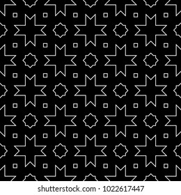 Seamless surface pattern design with Moroccan stars and crosses tiles ornament. Oriental traditional ornamentation with repeated geometric shapes. Ancient mosaic wallpaper. Grid motif. Digital paper.
