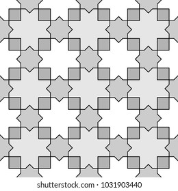 Seamless surface pattern design with Moroccan stars and crosses tiles ornament. Oriental traditional ornamentation with repeated geometric shapes. Ancient mosaic wallpaper. Ethnic motif. Digital paper
