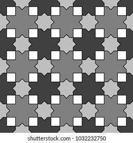 Seamless surface pattern design with Moroccan stars and crosses tiles ornament. Oriental traditional ornamentation with repeated geometric shapes. Ancient mosaic wallpaper. Ethnic motif. Digital paper
