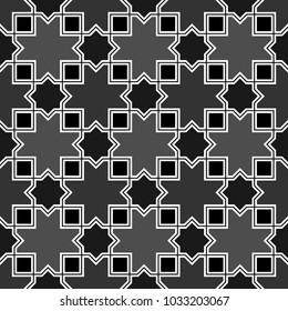 Seamless surface pattern design with Moroccan stars and crosses tiles ornament. Oriental traditional ornamentation with repeated geometric shapes. Ancient mosaic wallpaper. Ethnic motif. Digital paper