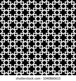 Seamless surface pattern design with Moroccan stars and crosses tiles ornament. Oriental traditional ornamentation with repeated geometric shapes. Ancient mosaic wallpaper. Grid motif. Digital paper.
