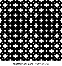 Seamless surface pattern design with Moroccan stars and crosses tiles ornament. Oriental traditional ornamentation with repeated geometric shapes. Ancient mosaic wallpaper. Grid motif. Digital paper.