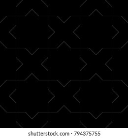 Seamless surface pattern design with Moroccan stars and crosses tiles ornament. Oriental traditional ornamentation with repeated geometric shapes. Ancient mosaic wallpaper. Grid motif. Digital paper.