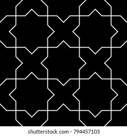 Seamless surface pattern design with Moroccan stars and crosses tiles ornament. Oriental traditional ornamentation with repeated geometric shapes. Ancient mosaic wallpaper. Grid motif. Digital paper.
