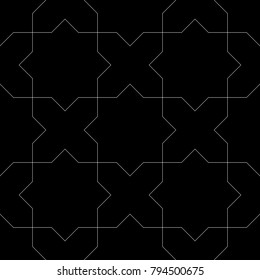 Seamless surface pattern design with Moroccan stars and crosses tiles ornament. Oriental traditional ornamentation with repeated geometric shapes. Ancient mosaic wallpaper. Grid motif. Digital paper.