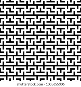 Seamless surface pattern design with mosaic ornament. Repeated puzzle figures, lines background. Ethnic embroidery motif. Grid wallpaper. Digital paper, page fill, web designing, textile print. Vector