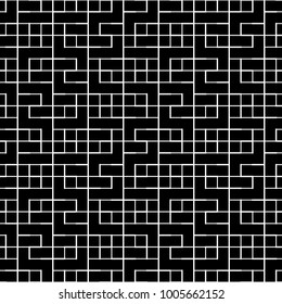 Seamless surface pattern design with mosaic ornament. Repeated puzzle figures background. Ethnic embroidery motif. Grid wallpaper. Digital paper for page fills, web designing, textile print. Vector.