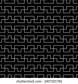 Seamless surface pattern design with mosaic ornament. Repeated puzzle figures, lines background. Ethnic embroidery motif. Grid wallpaper. Digital paper, page fill, web designing, textile print. Vector