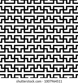 Seamless surface pattern design with mosaic ornament. Repeated puzzle figures, lines background. Ethnic embroidery motif. Grid wallpaper. Digital paper, page fill, web designing, textile print. Vector