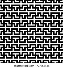 Seamless surface pattern design with mosaic ornament. Repeated puzzle figures, lines background. Ethnic embroidery motif. Grid wallpaper. Digital paper, page fill, web designing, textile print. Vector