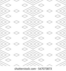 Seamless surface pattern design with outline diamonds ornament. Lozenge motif. Repeated black rhombuses on white background. Ethnic wallpaper. Digital paper for textile print, web designing. Vector.
