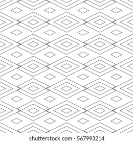 Seamless surface pattern design with outline diamonds ornament. Lozenge motif. Repeated black rhombuses on white background. Ethnic wallpaper. Digital paper for textile print, web designing. Vector