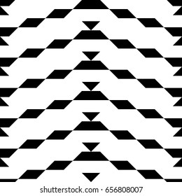 Seamless surface pattern design with parallelograms, triangles and trapezoids. Polygons abstract wallpaper. Ethnic embroidery ornament. Black zigzag stripes. Jagged geometrical figures. Digital paper.