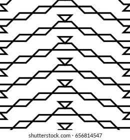 Seamless surface pattern design with parallelograms, triangles and trapezoids. Polygons abstract wallpaper. Ethnic embroidery ornament. White zigzag stripes. Jagged geometrical figures. Digital paper.