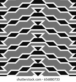 Seamless surface pattern design with parallelograms, triangles and trapezoids. Polygons abstract wallpaper. Ethnic embroidery ornament. White zigzag stripes. Jagged geometrical figures. Digital paper.