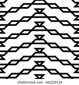 Seamless surface pattern design with parallelograms, triangles and trapezoids. Polygons abstract wallpaper. Ethnic embroidery ornament. White zigzag stripes. Jagged geometrical figures. Digital paper.