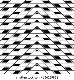 Seamless surface pattern design with polygons ornament. White parallelogram and triangles tessellation on black background. Checkered wallpaper. Mosaic motif. Digital paper, textile print, page fill.