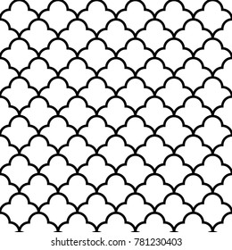 Seamless surface pattern design with quatrefoil figures. Oriental traditional ornament with repeated rounded shapes. Window tracery wallpaper. Grid motif. Digital paper. Vector art illustration.