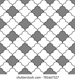 Seamless surface pattern design with quatrefoil figures. Oriental traditional ornament with repeated rounded shapes. Window tracery wallpaper. Grid motif. Digital paper. Vector art illustration.