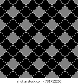 Seamless surface pattern design with quatrefoil figures. Oriental traditional ornament with repeated rounded shapes. Window tracery wallpaper. Grid motif. Digital paper. Vector art illustration.