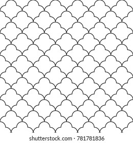 Seamless surface pattern design with quatrefoil figures. Oriental traditional ornament with repeated rounded shapes. Window tracery wallpaper. Grid motif. Digital paper. Vector art illustration.
