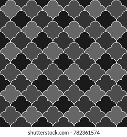 Seamless surface pattern design with quatrefoil figures. Oriental traditional ornament with repeated rounded shapes. Window tracery wallpaper. Grid motif. Digital paper. Vector art illustration.